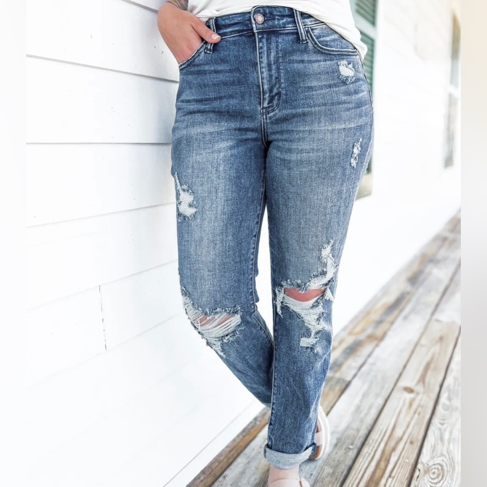 Judy Blue Mid Rise Boyfriend Fit Distressed Jeans Dark Wash